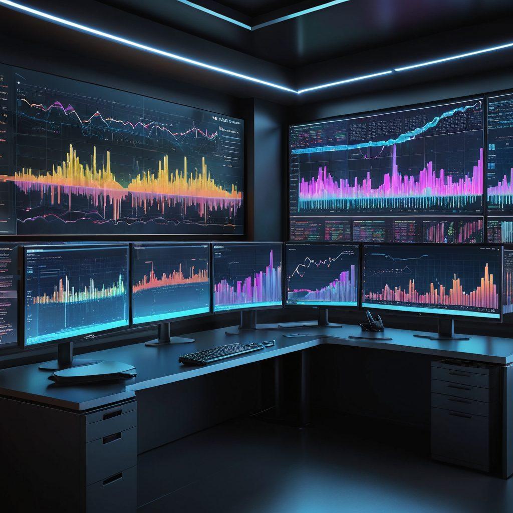 A dynamic, futuristic workspace featuring a glowing computer screen displaying AWK command lines and data transformations. Surrounding the screen are visualized graphs and charts emerging from a flow of colorful data streams. In the background, a sleek, modern cityscape symbolizes real-world applications of data. The overall atmosphere is vibrant and tech-centric. super-realistic. vibrant colors. 3D.