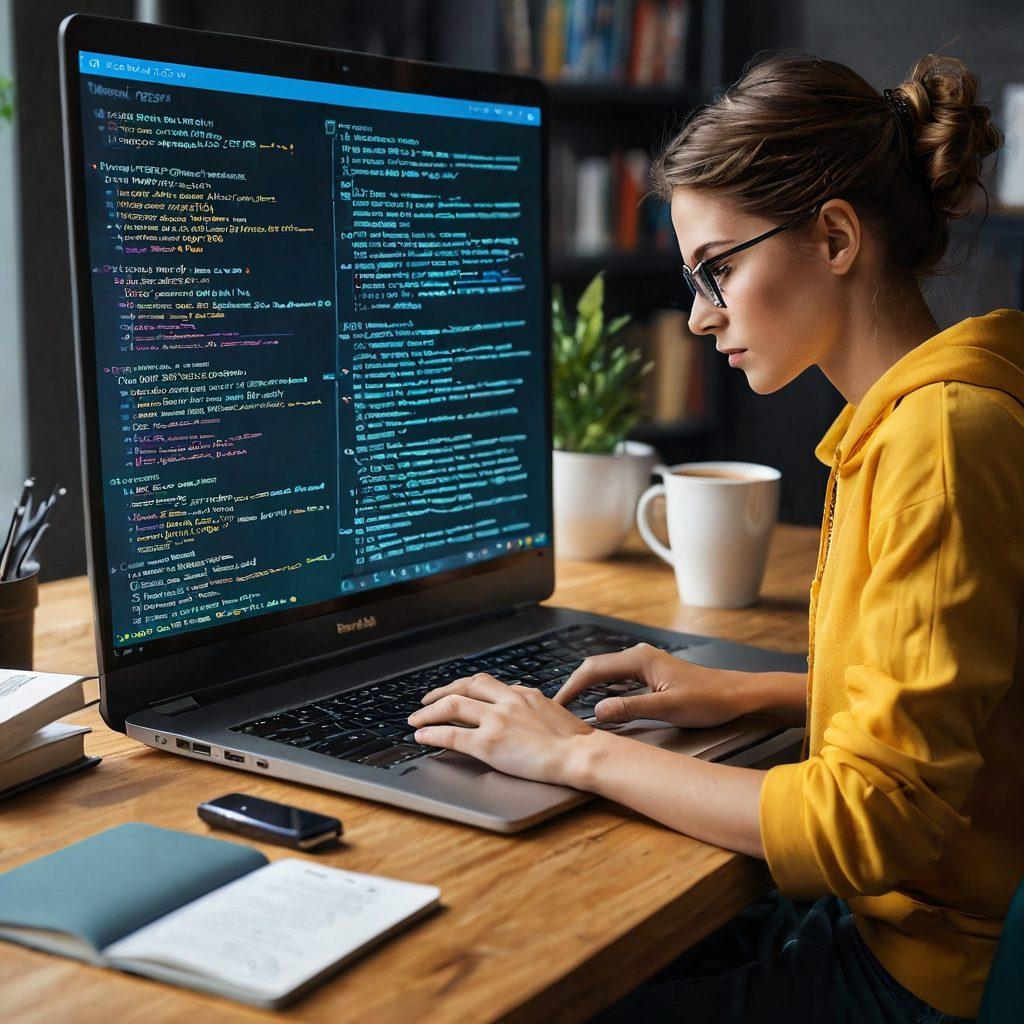 An intricately designed digital workspace showcasing a person typing on a laptop with AWK commands visible on the screen. Surround the scene with floating text snippets and lines of code symbolizing text processing. Incorporate tools like a coding book and coffee mug to create a cozy study atmosphere. Use vibrant colors to emphasize a sense of mastery and creativity. super-realistic. vibrant colors. cozy atmosphere.